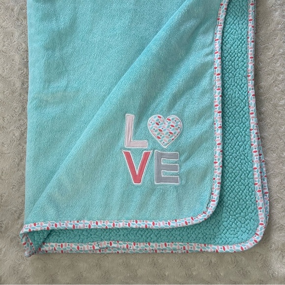 Carter's Aqua Blue Love Heart Baby Blanket Pink White Floral Edge Sherpa Gray - Picture 1 of 7